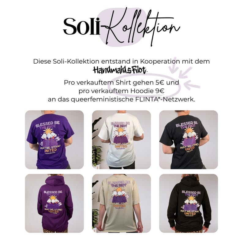 Pode incluir: Cole&ccedil;&atilde;o de camisetas e moletons em v&aacute;rias cores, incluindo roxo, branco, preto e bege. Cada pe&ccedil;a de roupa apresenta um gr&aacute;fico com o texto "BLESSED BE THE RIOT" e "MAY WE STAND UNITED". A cole&ccedil;&atilde;o &eacute; uma colabora&ccedil;&atilde;o com Handmaids Riot.