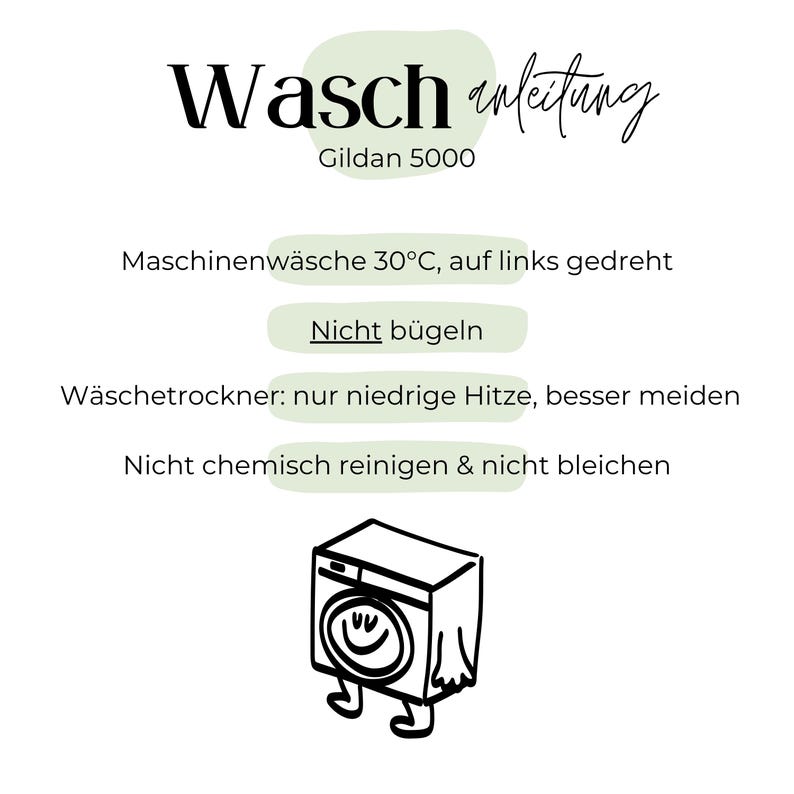 Może przedstawiać: Białe tło z czarnym tekstem i ilustracją pralki z kresk&oacute;wek. Tekst zawiera "Waschanleitung" i instrukcje prania: pranie w pralce w 30&deg;C, nie prasować, suszyć w suszarce w niskiej temperaturze, nie czyścić chemicznie ani wybielać.