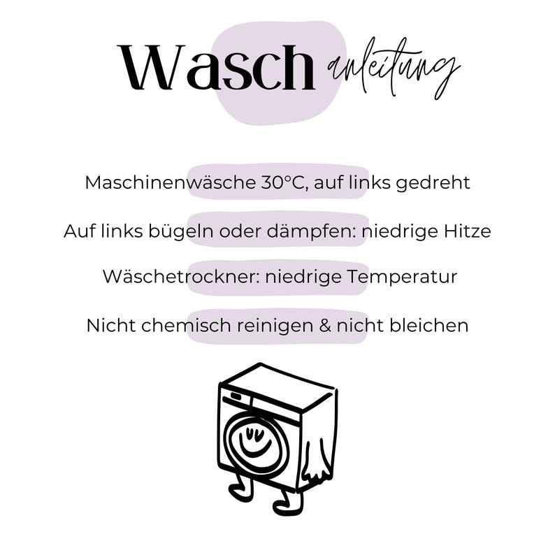 Pode incluir: Fundo branco com o texto alem&atilde;o "Waschanleitung" em escrita preta, acima das instru&ccedil;&otilde;es de lavagem. As instru&ccedil;&otilde;es incluem lavar na m&aacute;quina a 30&deg;C, passar a ferro em temperatura baixa e n&atilde;o limpar a seco. Uma m&aacute;quina de lavar roupa de desenho animado est&aacute; na parte inferior.