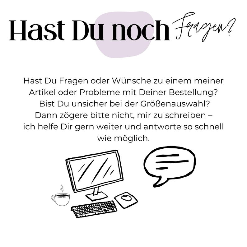 Pode incluir: Fundo branco com texto preto "Hast Du noch Fragen?" e uma mensagem sobre perguntas e assist&ecirc;ncia. Inclui um computador, x&iacute;cara de caf&eacute;, teclado, mouse e ilustra&ccedil;&atilde;o de bal&atilde;o de fala.