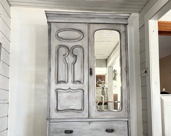 Antique painted armoire wardrobe| linen closet| large French country storage cabinet| Entryway Hall tree