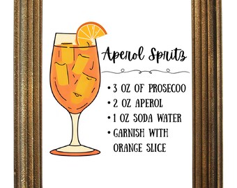 Zestaw wydruków z przepisami na Aperol Spritz: Minimalistyczny plakat z włoskim koktajlem (plik cyfrowy PNG do pobrania, 18x24")