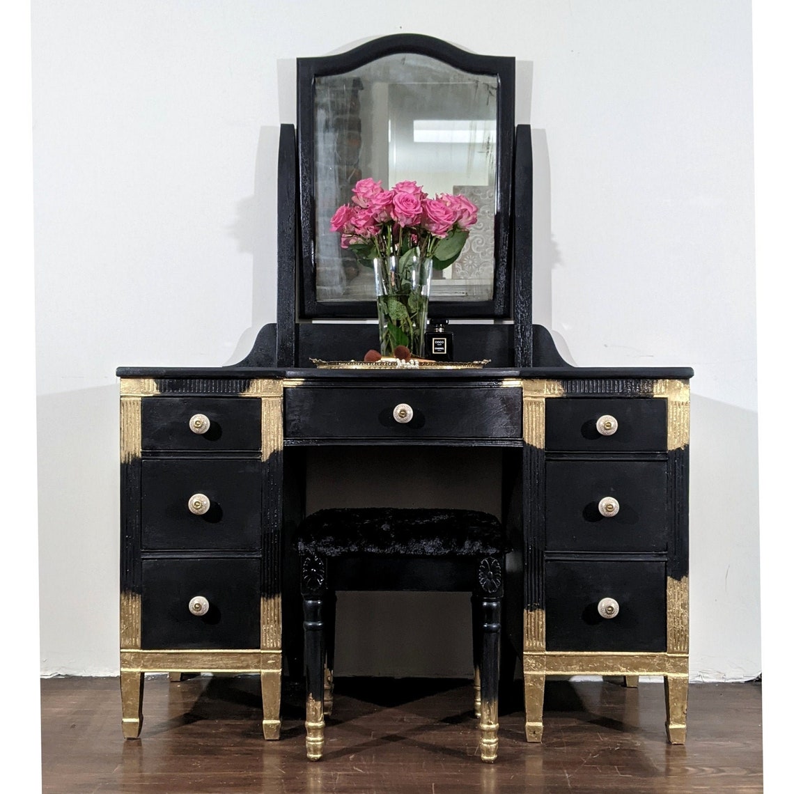 Vintage glam black & gold make up vanity and bench Antique Etsy