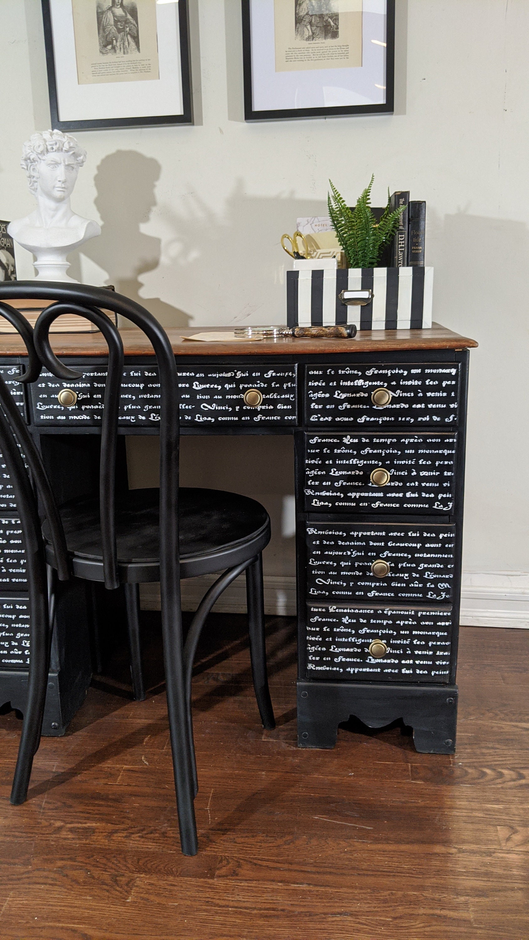 Vintage black & white stripe desk solid wood office desk Etsy