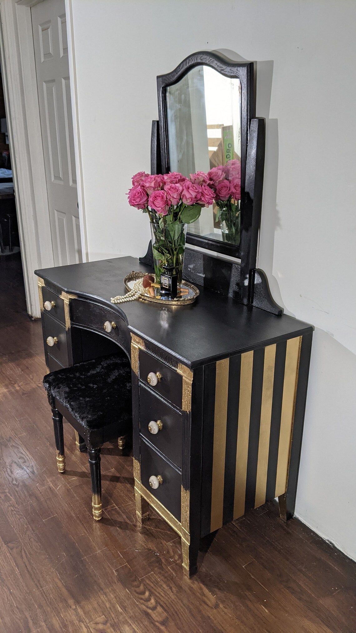 Vintage glam black & gold make up vanity and bench Antique  Etsy