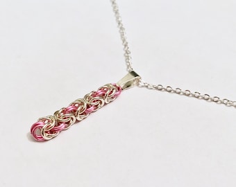 Silver and Pink Byzantine ChainMaille Pendant