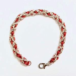 Silver and Red Byzantine ChainMaille Bracelet