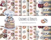 Watercolor Baking Seamless Patterns, Nordic Gnome Digital Paper, Donut Birthday, Baker, Bakery, Cafe, Kitchen, Menu, Candy Shop, Cute Food