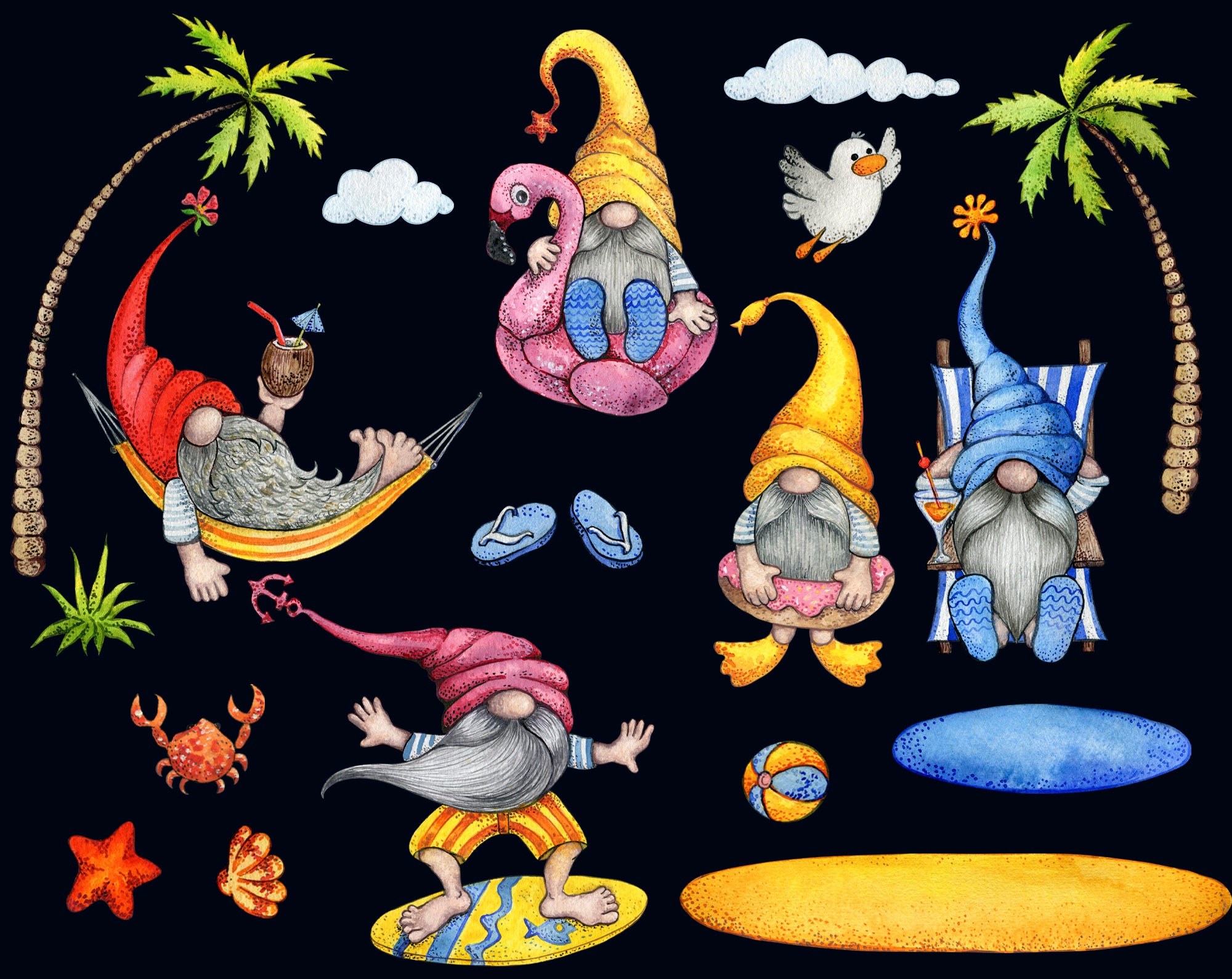 Watercolor Summer Gnomes Summer Beach png Nordic Gnome | Etsy