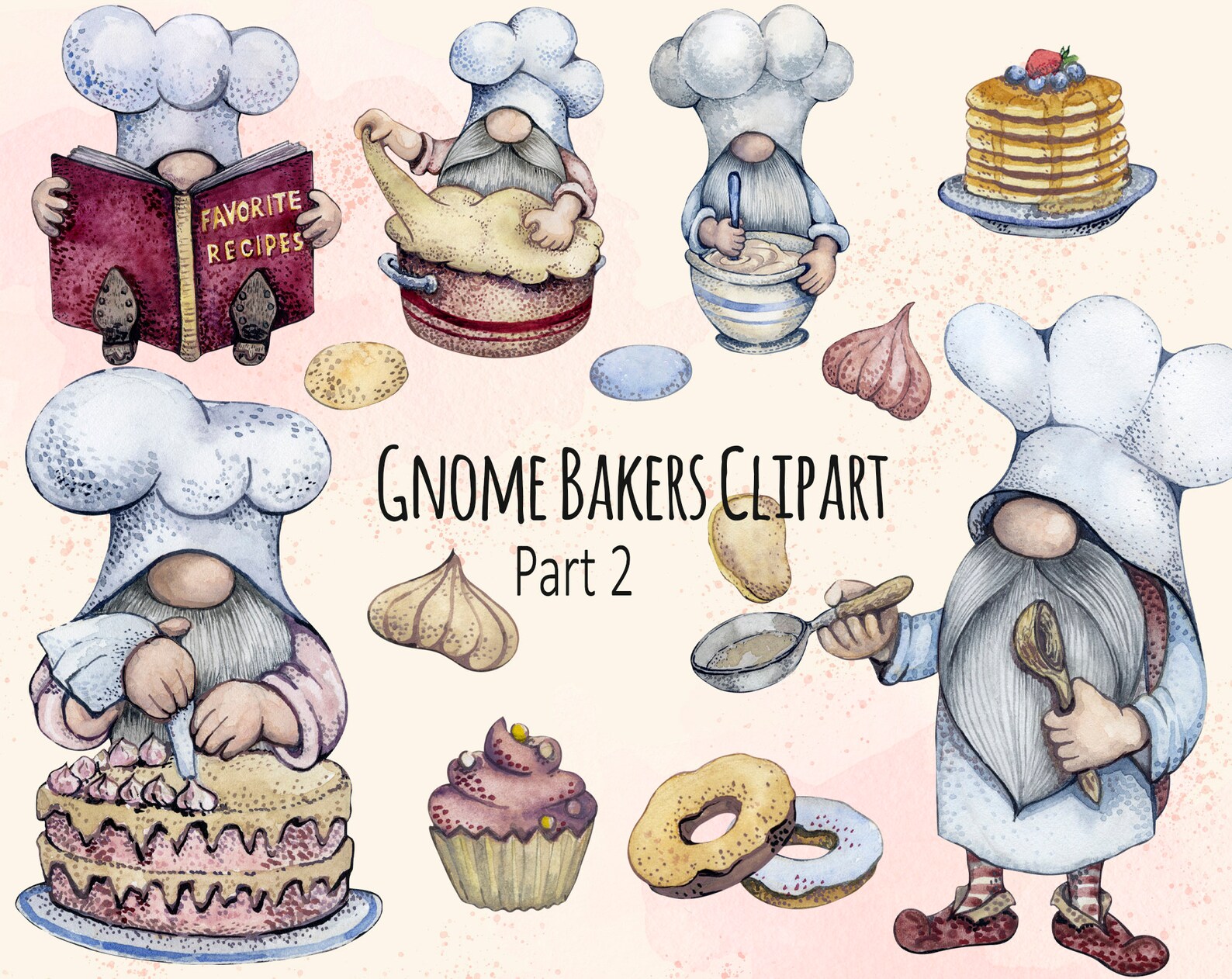 Watercolor Baking Clipart Nordic Gnome Png Donut Birthday Etsy