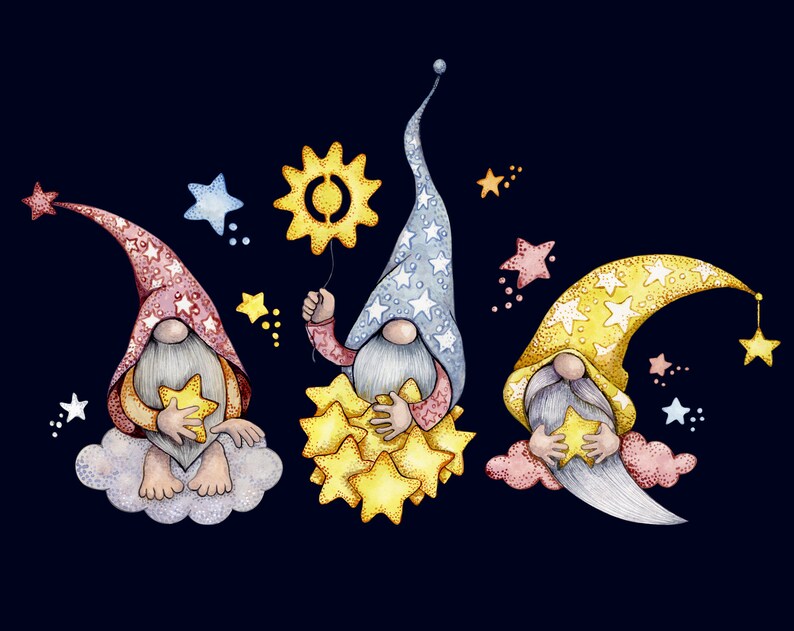 Watercolor Stary Night Gnomes Sublimation Png Gnome Png Etsy