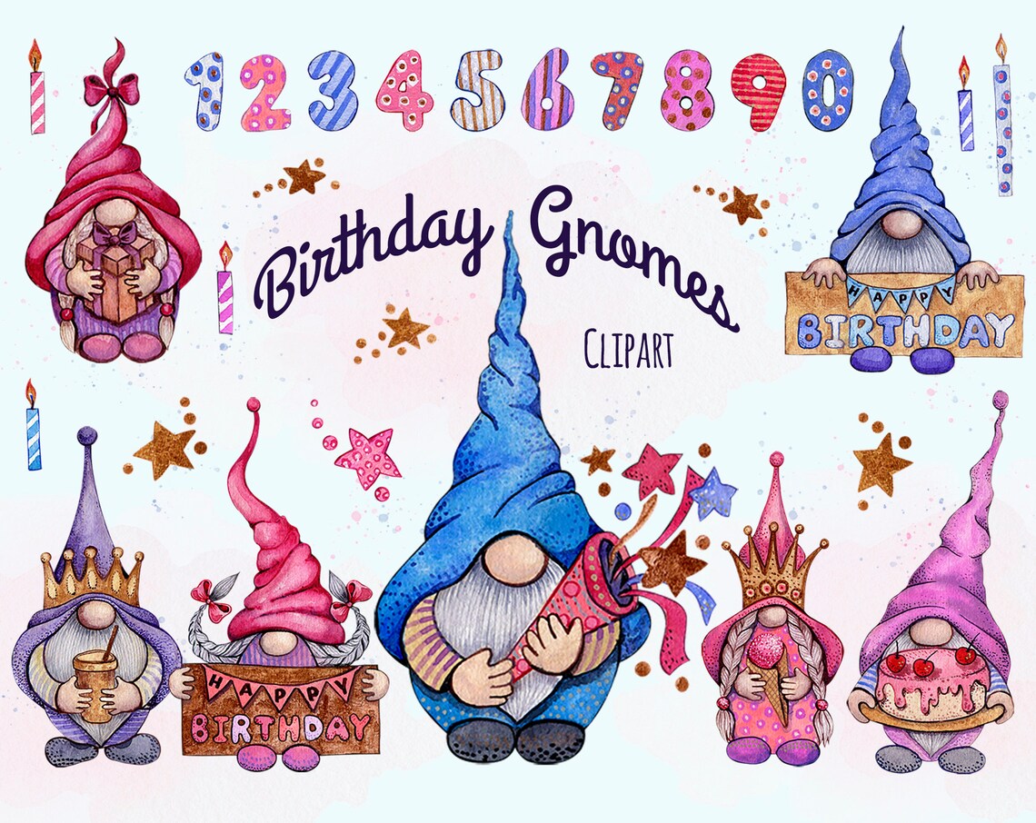 Gnomes gnome crafter verjaardag kabouters Watercolor Gnome png Happy Birthday Party Clipart Number | Etsy