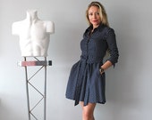Deep Blue Polkadot Circle Dress Long Sleeve Navy KELLY Dress Button Down Sharp Collar Skater Dress Ladylike Celebration Shirt Cotton Dress