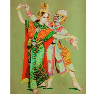 Traditional Thai Dance Drama &quot;Khon&quot; Finished Cross Stitch, 14&quot;x18&quot;