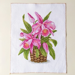 Cattleya orchids, Finished Cross Stitch, 12"x 14"