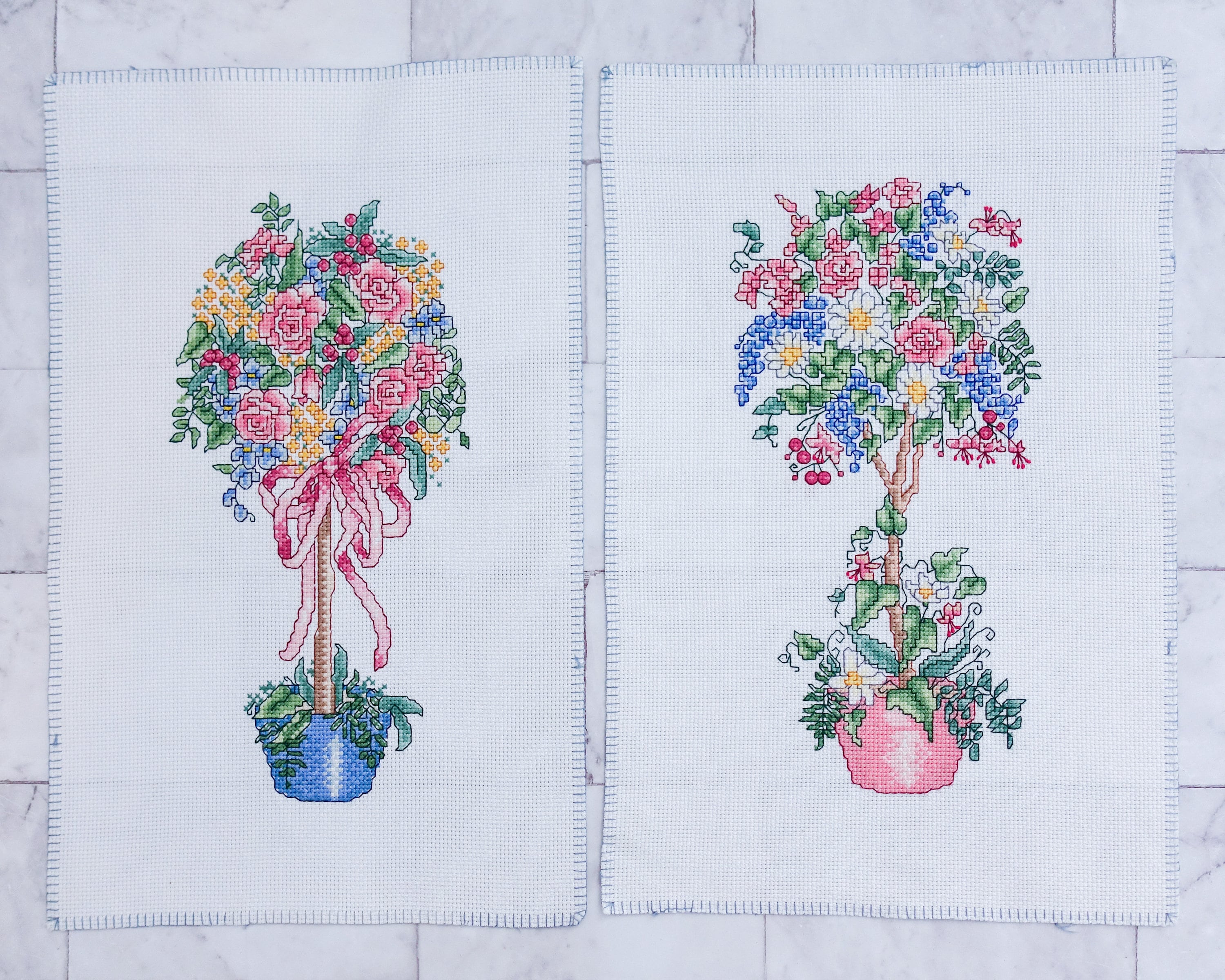 Set of 2 Flowers Finished Cross Stitch