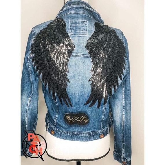 denim jacket with sequin angel wings