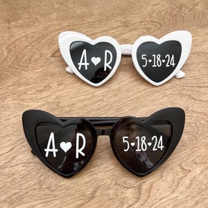 Personalized Wedding Sunglasses - Heart-Shaped Black or White - Custom Couple’s Initials & Date - Bridal Party Favor