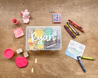 Personalized Kids Travel Activity Box – Clear Divider Kit with Crayons, Puzzle, & Fidget Toys