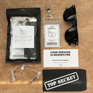Top Secret Ring Security Gift Bag – Jr Groomsman or Ring Bearer Proposal – Mission Kit with Badge, Sunglasses, Earpiece