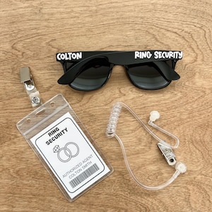 Ring Security Sunglasses + ID Badge + Ear Piece | Personalized Spy Gear for Ring Bearers | Ring Security Accessories | Ring Bearer Proposal