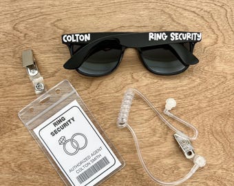 Ring Security Accessories Sunglasses + ID Badge + Ear Piece | Personalized Spy Gear | Ring Bearer Proposal