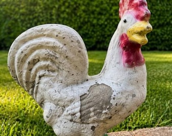 Estatua de gallo de hormigón vintage, escultura rústica de jardín estilo granja, arte para patio