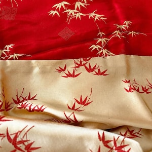 Vintage Silk Brocade Hung Hsing Bamboo Longevity Pattern Fabric Red Gold  (3 Yards)