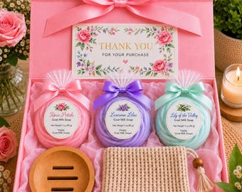 Deluxe Floral Goat Milk Soap Gift Set | Rose, Lilac, Lily of the Valley | Sisal Soap Saver | Bamboo Soap Dish | Gift For Her