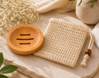 Bamboo Soap Dish & Sisal Soap Saver | Soap Saver Set | Natural Bath Accessories | Handmade Soap Holder | Eco-Friendly Gift