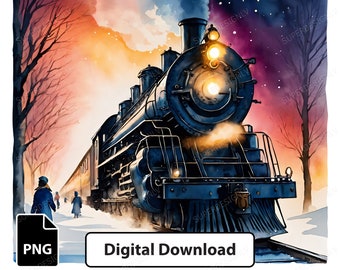 Bundle Clipart of 5 Watercolor Christmas Polar Express Sublimation Design Print on Demand Holiday Greeting Cards Printing Digital Download