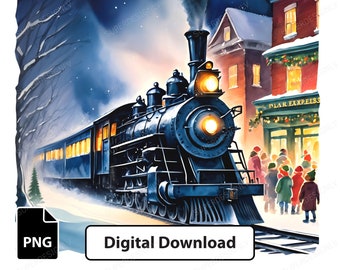 5 Clipart of Watercolor Christmas Polar Express for Sublimation Design Print on Demand Holiday Greeting Cards Printing Digital Download Art