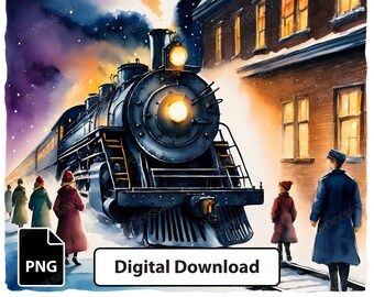 Polar Express Watercolor Christmas Clipart for Sublimation PNG Design for Print on Demand Blankets Festive Holiday Print Digital Download