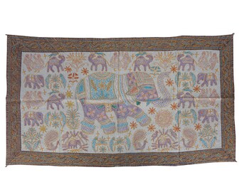 May include: White tapestry with a colorful embroidered elephant design. The elephant is surrounded by smaller elephants, peacocks, and floral motifs.