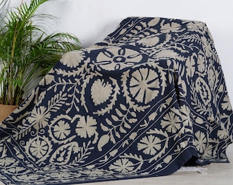 Cotton Suzani Bed Cover Cotton Suzani Throw Blanket Hand Embroidery Bedsheet Bedspread Suzani Embroidery, Uzbek Suzani,  Suzani Wall Hanging
