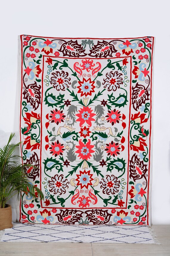 Jeté Brodé Main Suzani Indien/ouzbek - Coton 100% - Taille Twin (90x60 Pouces) - Neuf