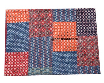 Ajrakh Kantha Patchwork Handblock Handmade Bedspread Coverlet Throw Bohemian Kantha Stitched Bedding Quilted Bedsheet
