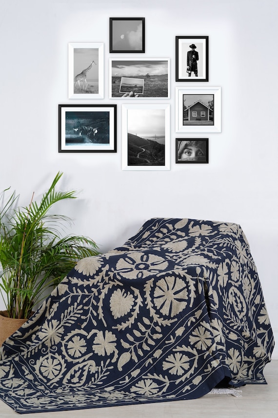 Cotton Suzani Bed Cover Cotton Suzani Throw Blanket Hand Embroidery Bedsheet Bedspread Suzani Embroidery, Uzbek Suzani,  Suzani Wall Hanging
