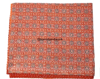 Ajrakh Kantha Quilt Handblock Handmade Bedcover Bedspread Throw Bohemian Kantha Stitched Bedding Ajrakh Bed Decor Quilt (90 X108 Inch)