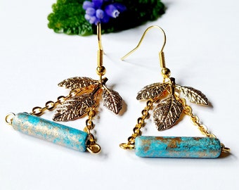 Unique gold dangle earrings with leaf charm and long blue or grey beads on dangling chains, double chain earrings with pendant for women