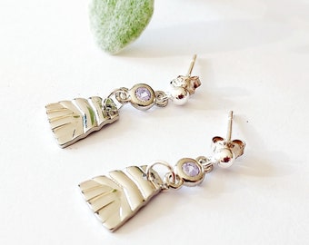 Silver stud earrings with dangle charms, small drop earrings on sterling silver push back studs, lilac glass charm with silver pendant