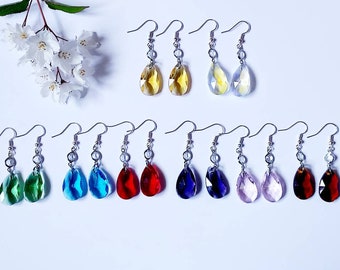 Sparkly long dressy silver dangle earrings with teardrop glass pendant, handmade shiny evening dangling earrings for a special occasion
