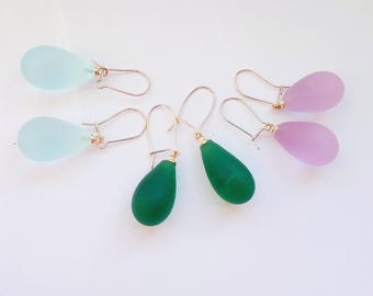 Teardrop Murano glass dangle earrings on gold filled ear wired, handmade drop earrings, pretty simple pear shaped earrings, frosted earrings