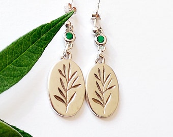 Green Dangle Stud Earrings, Sterling Silver Plant Drop Earrings, Botanical Jewellery Gift for Her UK