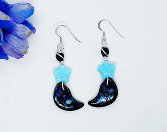 Celestial earrings dangle with sterling silver ear wires, star and moon glass bead earrings for women, shiny moon and blue star jewellery