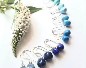 Blue drop earrings, unique handmade minimalist dangle earrings, glossy colour pop earrings, modern lightweight jewellery gift for her