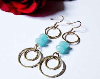 Gold open circle and Amazonite beads earrings for women, gold plated geometric and gemstones dangle earrings, long gold drop earrings