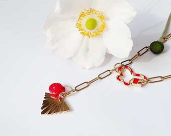 Unique gold plated chain necklace with dangle charm and butterfly clasp, red and gold chunky chain necklace for women, special gift for her