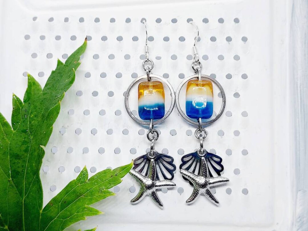 Seaside Dangle Earrings With Shell and Starfish, Beach Themed Jewellery ...