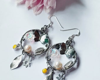 Round large dangle earrings with flowers and butterflies for women, mixed beads and charms long dangle earrings, earrings lover lady gift